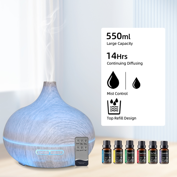 550 毫升木纹香薰加湿器，超声波遥控香薰机，附赠 6 瓶高品质精油，静音款适用于卧室、办公室、居家使用-7