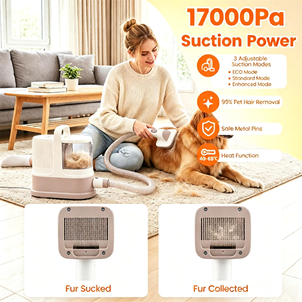 9合1宠物护理吸尘器套装带吹风机，600W 17kPa吸力，3档可调吸力模式，40-65°C温控，低噪音，狗猫毛发修剪器除毛刷配1.3L可洗HEPA集尘盒 白色-6