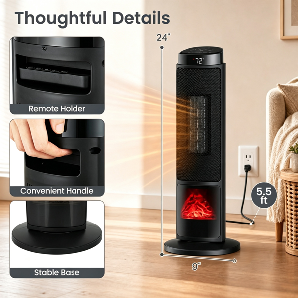 黑色1500W PTC便携式壁炉空间加热器，安静的35dB电加热器，带翻倒过热保护儿童锁，适用于卧室客厅-4