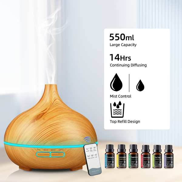 550 毫升木纹香薰精油加湿器 带遥控超声波冷雾香薰机，7 色氛围 LED 灯，附赠 6 瓶精油-10