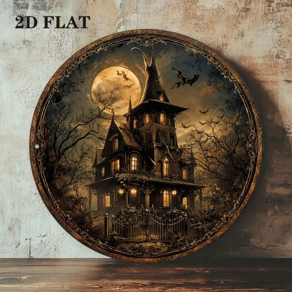 CIFbuy 1 个 8×8 英寸复古万圣节标牌，“鬼屋恐怖城堡装饰” 平面圆形挂牌，鬼屋恐怖城堡装饰（TikTok, temu 自提物流）-7