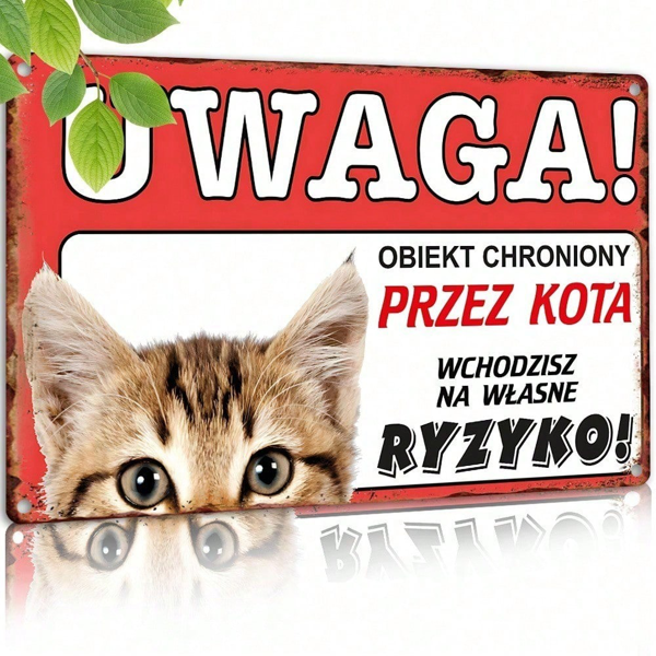CIFbuy 复古金属标牌 8x12 英寸，搞笑猫咪警告装饰，大眼睛设计，2D 平面抛光幽默宠物安全墙饰，耐用室内适用（TikTok, temu 自提物流）-1