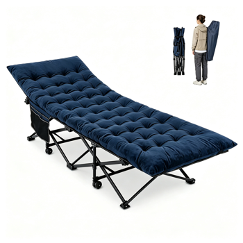 Navy Foldable Heavy Duty Camping Cot 330LBS, Portable Outdoor Sleeping Bed with Cushion & Carry Bag for Camping Office Nap