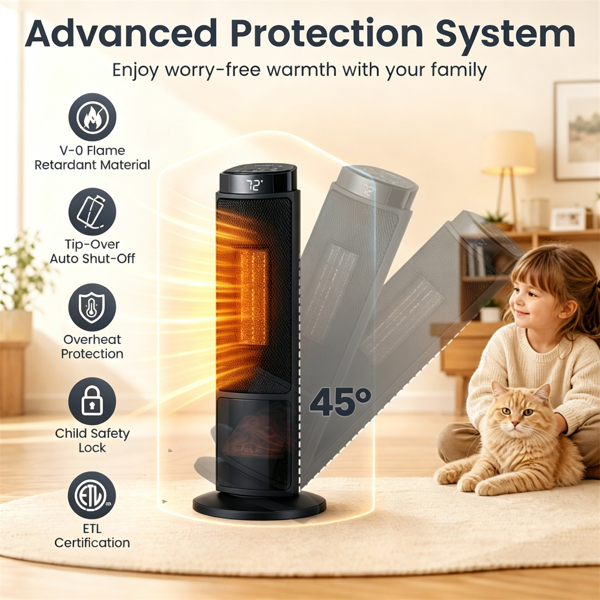 黑色1500W PTC便携式壁炉空间加热器，安静的35dB电加热器，带翻倒过热保护儿童锁，适用于卧室客厅-10