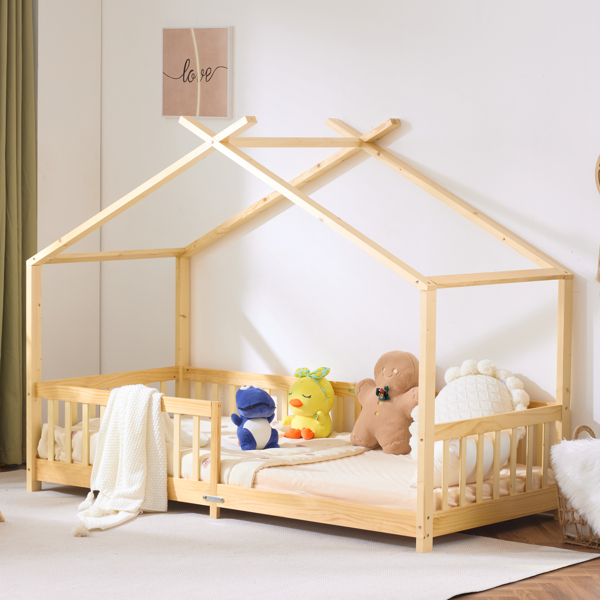 X型屋顶造型松木床架 油漆面儿童木床 206*98*156cm 原木色-1