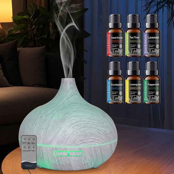 550 毫升木纹香薰加湿器，超声波遥控香薰机，附赠 6 瓶高品质精油，静音款适用于卧室、办公室、居家使用-11