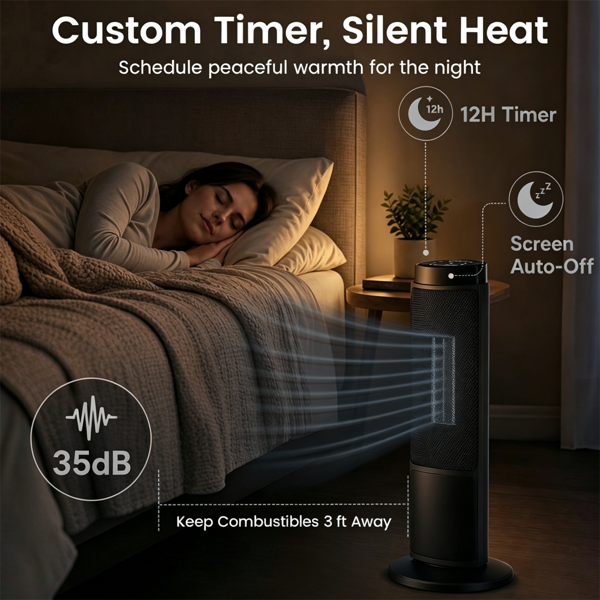 黑色1500W PTC便携式壁炉空间加热器，安静的35dB电加热器，带翻倒过热保护儿童锁，适用于卧室客厅-12