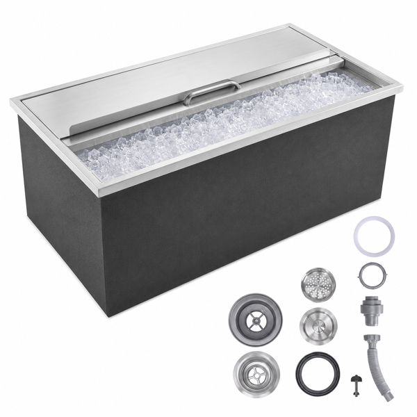 A1-不锈钢嵌入式冰柜 Drop-In Ice Chest, Stainless Steel Ice Storage Box with Sliding Lid and Drain Hose, Ice Bin for Chilled Wine, Beer, Beverage (36 x 18 x 14 Inches)-6