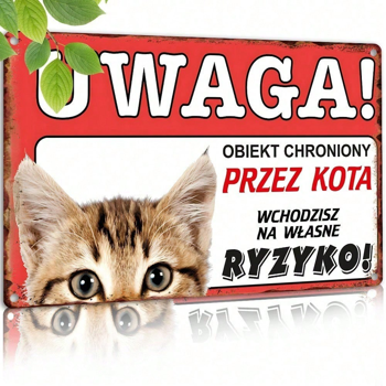 CIFbuy 复古金属标牌 8x12 英寸，搞笑猫咪警告装饰，大眼睛设计，2D 平面抛光幽默宠物安全墙饰，耐用室内适用（TikTok, temu 自提物流）