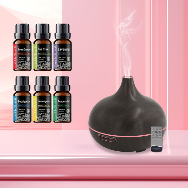 18.6oz Aromatherapy Essential Oil Diffuser Wood Grain Remote Control Ultrasonic Air Humidifier Cool 7 Color LED Light With 6 Oils-10