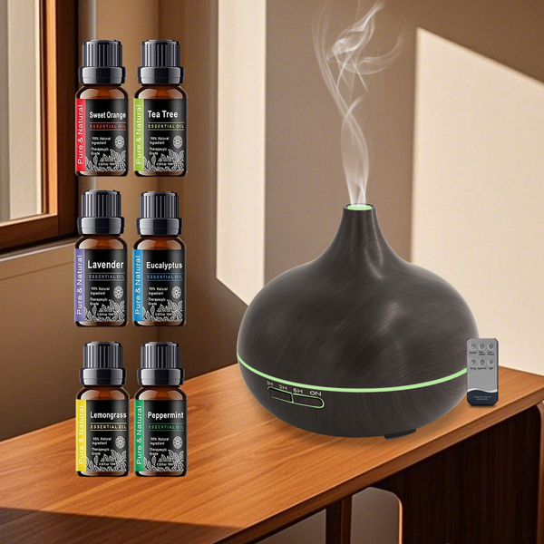 18.6oz Aromatherapy Essential Oil Diffuser Wood Grain Remote Control Ultrasonic Air Humidifier Cool 7 Color LED Light With 6 Oils-13