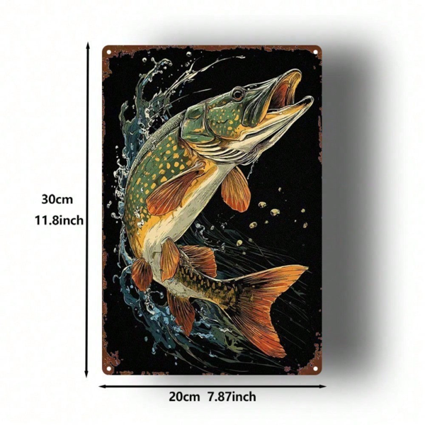 CIFbuy 复古跃鲤金属墙饰 8x12 英寸，复古2D铁板鱼艺术装饰，适用于家庭、酒吧、车库、咖啡馆、餐厅，质朴风格（TikTok, temu 自提物流）-2