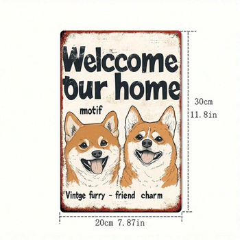 CIFbuy 复古柴犬金属墙饰欢迎牌，8x12英寸可爱狗狗欢迎光临家居装饰，2D平面萌宠图案适用于弗（TikTok, temu 自提物流）