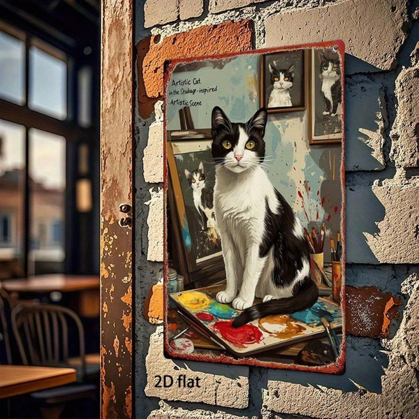 CIFbuy 复古猫咪金属墙饰 8x12英寸 复古铁艺装饰，配画笔与调色板，适用于家庭客厅的二维平面艺术挂牌（TikTok, temu 自提物流）-4