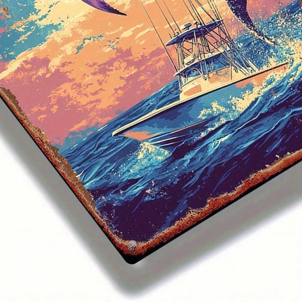 CIFbuy 复古 | 海洋捕鱼金属标牌 2D 平面，8X12英寸大鱼跃动图案墙饰，防锈防水金属装饰 1个适用于H （TikTok, temu 自提物流）-6