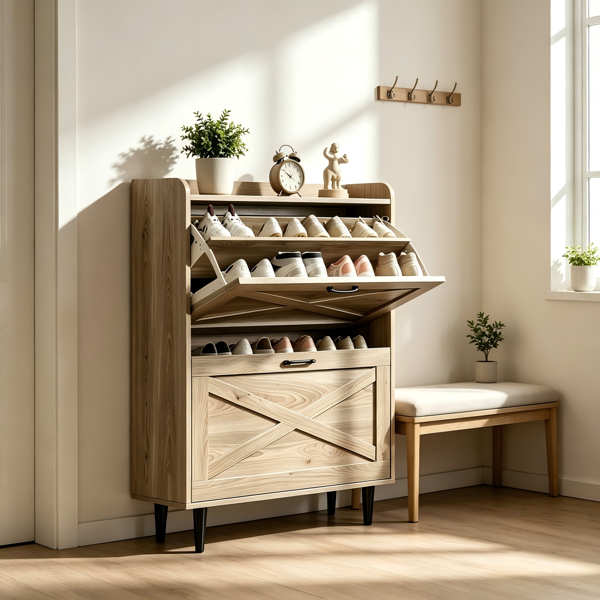 2翻斗式抽屉带围挡台面谷仓门鞋柜 三胺板浮雕面密度板鞋柜 80.3*24*100cm 灰橡木色-9