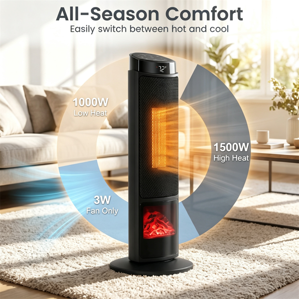 黑色1500W PTC便携式壁炉空间加热器，安静的35dB电加热器，带翻倒过热保护儿童锁，适用于卧室客厅-8
