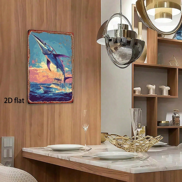 CIFbuy 复古 | 海洋捕鱼金属标牌 2D 平面，8X12英寸大鱼跃动图案墙饰，防锈防水金属装饰 1个适用于H （TikTok, temu 自提物流）-3