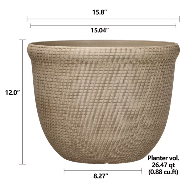 全再生树脂花盆，卡其斜纹款，尺寸：15.8 英寸 ×15.8 英寸 ×12 英寸-3