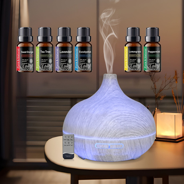 550 毫升木纹香薰加湿器，超声波遥控香薰机，附赠 6 瓶高品质精油，静音款适用于卧室、办公室、居家使用-8