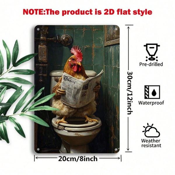 CIFbuy 1个复古锡制标牌，幽默公鸡在厕所里看报纸，8x12英寸铝制金属墙饰，带预先打孔，趣味车库家居装饰（TikTok, temu 自提物流）-2