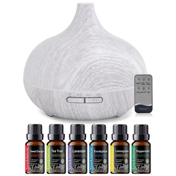 550 毫升木纹香薰加湿器，超声波遥控香薰机，附赠 6 瓶高品质精油，静音款适用于卧室、办公室、居家使用