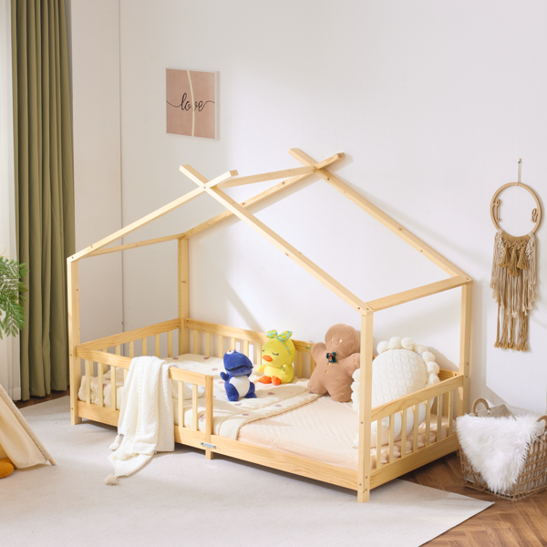 X型屋顶造型松木床架 油漆面儿童木床 206*98*156cm 原木色-15