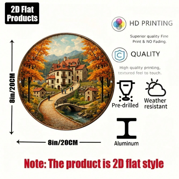 CIFbuy 8×8 英寸复古秋日小镇 2D 平面圆形标牌，“” 平面圆形标牌，乡村别墅墙面装饰挂牌（TikTok, temu 自提物流）-4