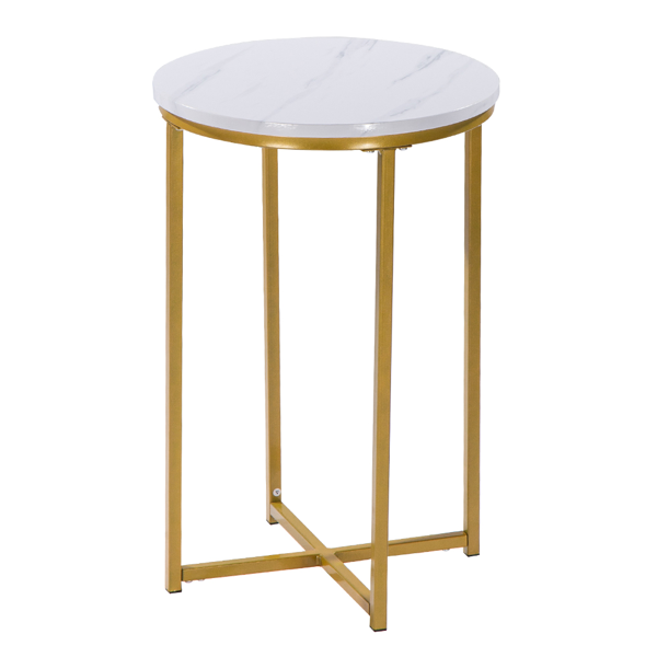 密度板 铁 拆装 交叉 单层 边几 圆形 白色大理石PVC 金色喷塑 40*40*60cm-5