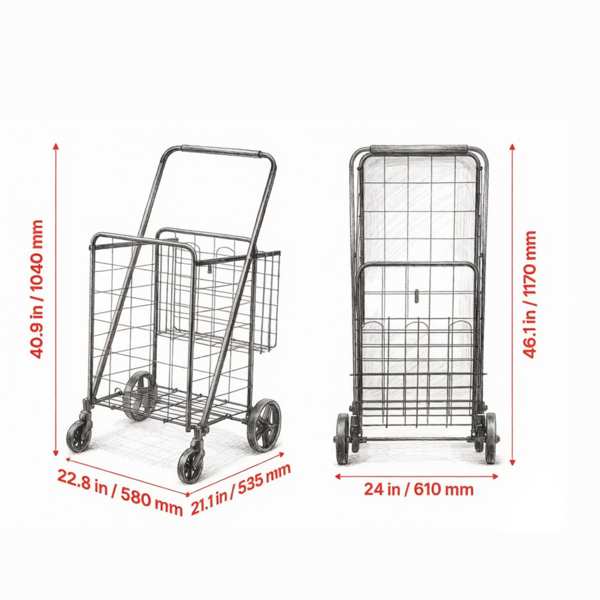 重型折叠杂货车，带双篮和360°轮子的大型多功能车，用于购物和洗衣-3