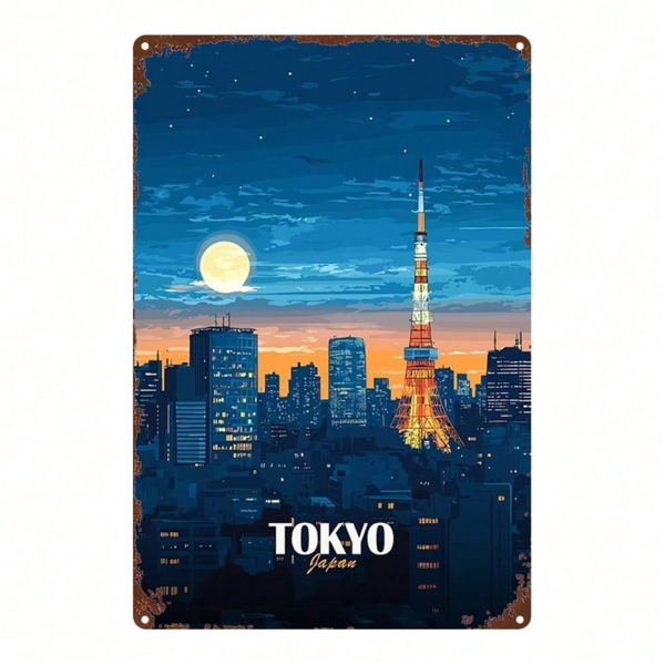 CIFbuy 1件 东京日本城市景观金属标牌，8x12英寸质朴铁艺墙饰，复古夜景装饰，适用于家庭、酒吧、车库、咖啡馆、俱乐部（TikTok, temu 自提物流）-7