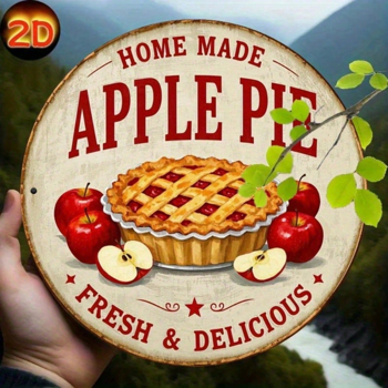 CIFbuy 复古自制苹果派2D平面金属标牌 8x8英寸 乡村铁艺墙饰 复古圆形美味苹果主题温馨家居装饰 S （TikTok, temu 自提物流）