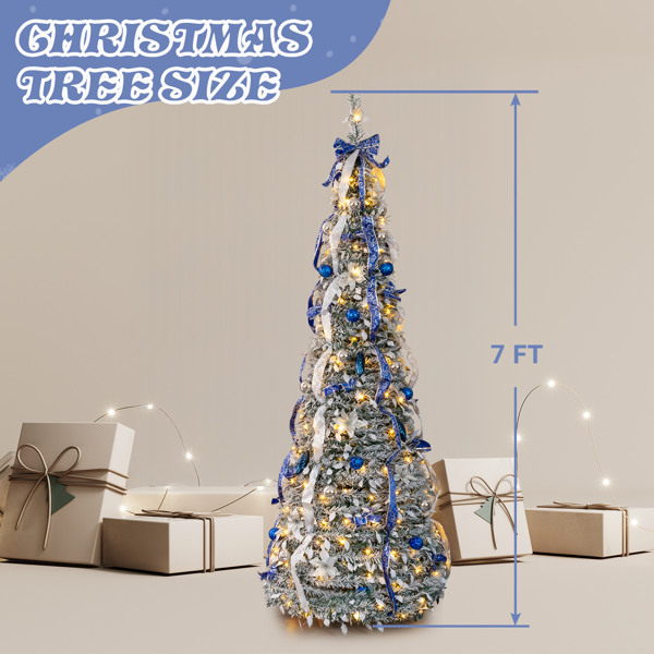 7ft  绿色植绒 伸缩圣诞树  带蓝银色配饰 200LED暖白8模式 带遥控 PVC 圣诞树 30V 3.6W 美规-15