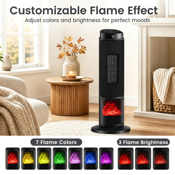 黑色1500W PTC便携式壁炉空间加热器，安静的35dB电加热器，带翻倒过热保护儿童锁，适用于卧室客厅-5