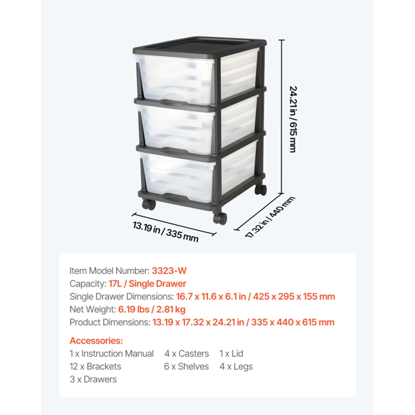 50 升三层带轮收纳推车，透明塑料抽斗，三层储物箱，办公用品、手工房整理架-2