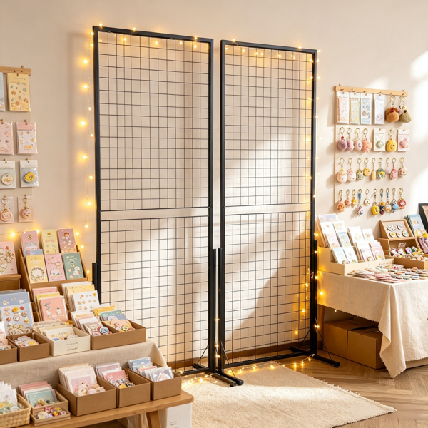 2件套2'x 5.6'格栅墙展示塔，双面落地式货架，带T形底座和夹子-7