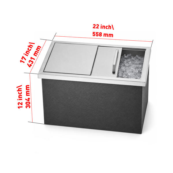A1-不锈钢嵌入式冰柜 Drop-In Ice Chest, Stainless Steel Ice Storage Box with Sliding Lid and Drain Hose, Ice Bin for Chilled Wine, Beer, Beverage (22 x 17 x 12 Inches)-5