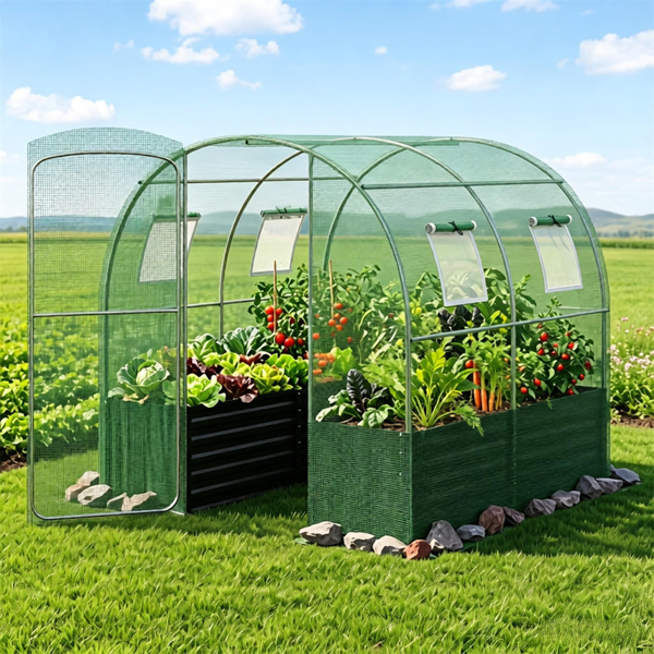 80“×79”全天候步入式温室，重型镀锌金属框架防撕裂PE盖室外植物温室，带4个网眼通风窗风绳蔬菜花卉水果种植地桩-6