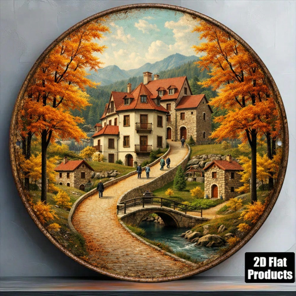 CIFbuy 8×8 英寸复古秋日小镇 2D 平面圆形标牌，“” 平面圆形标牌，乡村别墅墙面装饰挂牌（TikTok, temu 自提物流）-2