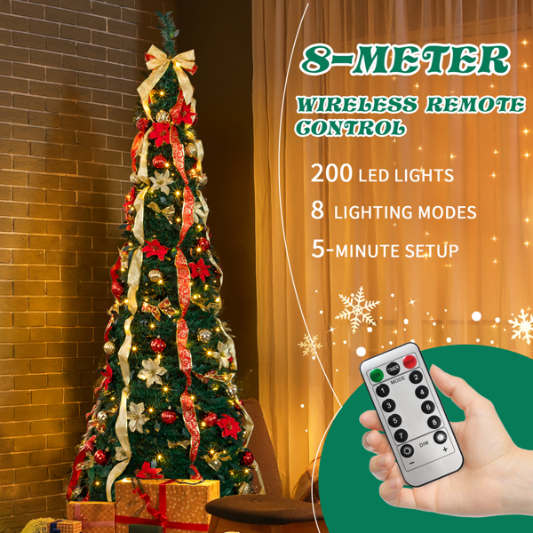 7ft  绿色  伸缩圣诞树  带红金色配饰 200LED暖白8模式 带遥控 PVC 圣诞树 30V 3.6W 美规-13