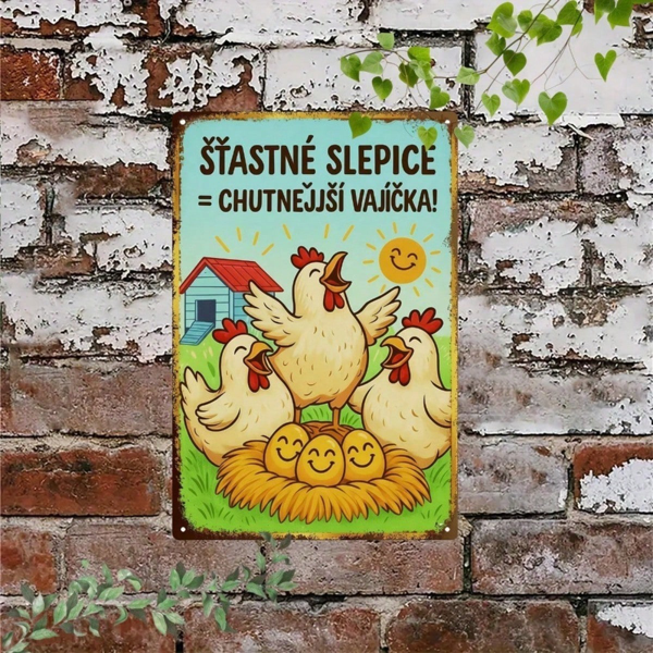 CIFbuy 复古捷克标语铁质标牌，农场金属墙面装饰，配“ŠŤASTNÉ SLEPICE CHUTNĚJŠÍ VAJÍČKA”字样，尺寸7.87x11.81英寸，2D平面乡村风 （TikTok, temu 自提物流）-3