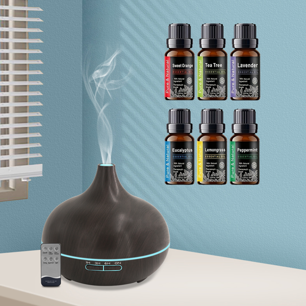 18.6oz Aromatherapy Essential Oil Diffuser Wood Grain Remote Control Ultrasonic Air Humidifier Cool 7 Color LED Light With 6 Oils-11