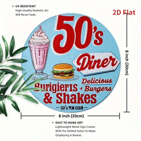 CIFbuy 美式复古 | 50年代餐厅圆形铁质金属标牌 8x8英寸，1件装 2D平面印刷墙面装饰，耐用抗紫外线且防刮擦 R （TikTok, temu 自提物流）-2