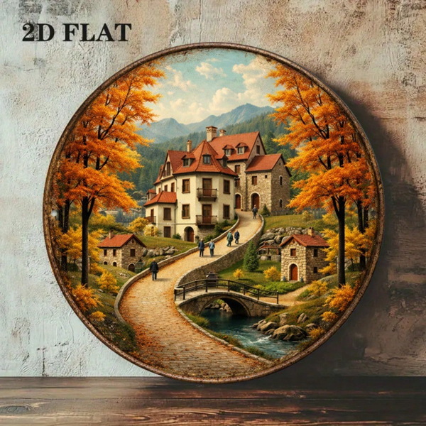 CIFbuy 8×8 英寸复古秋日小镇 2D 平面圆形标牌，“” 平面圆形标牌，乡村别墅墙面装饰挂牌（TikTok, temu 自提物流）-6