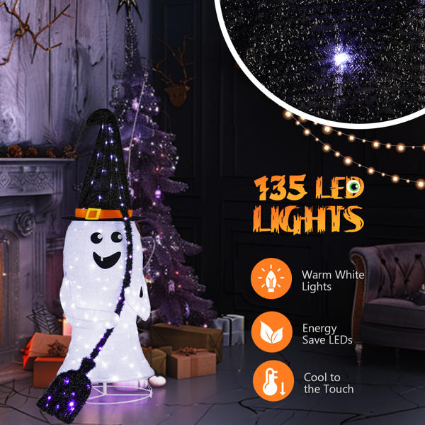 【替换94400163】4ft   白色 伸缩扫把幽灵 短毛葱布 100LED白光35LED紫光灯 4.5V 3.6W  万圣灯饰装饰 美规-4