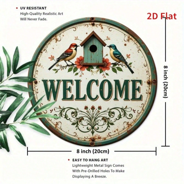 CIFbuy 复古 | 圆形铁质标牌 2D 平面印刷鸟屋 欢迎花饰 复古金属墙面装饰，趣味乡村风格悬挂式壁饰 （TikTok, temu 自提物流）-2