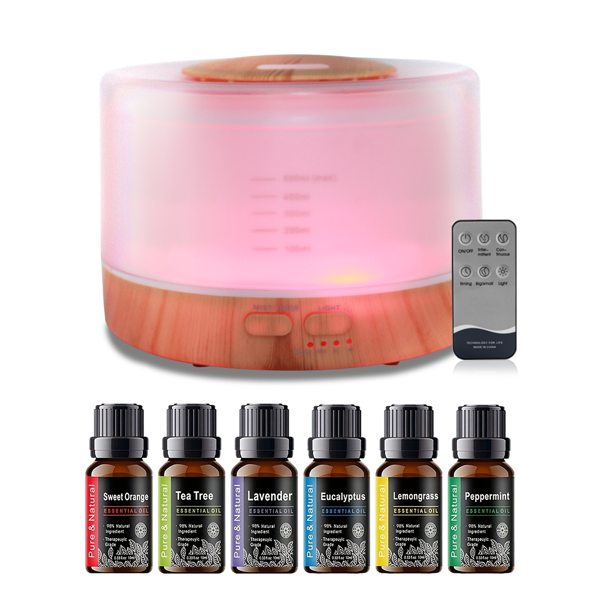 500 毫升香薰精油扩散器套装（内含 6 瓶理疗精油），7 色渐变 LED 氛围灯，超声波冷雾雾化，自动断电停机，低噪静音运行；适用于居家、卧室、瑜伽场景-2