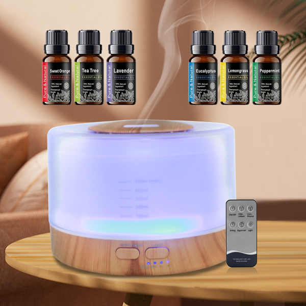 500 毫升香薰精油扩散器套装（内含 6 瓶理疗精油），7 色渐变 LED 氛围灯，超声波冷雾雾化，自动断电停机，低噪静音运行；适用于居家、卧室、瑜伽场景-9