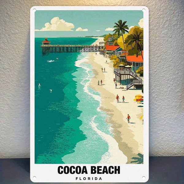 CIFbuy 1个复古可可海滩佛罗里达金属铁皮招牌，鲜艳的海滨天堂旅行海报墙饰，耐用铁质家居装饰（TikTok, temu 自提物流）-1