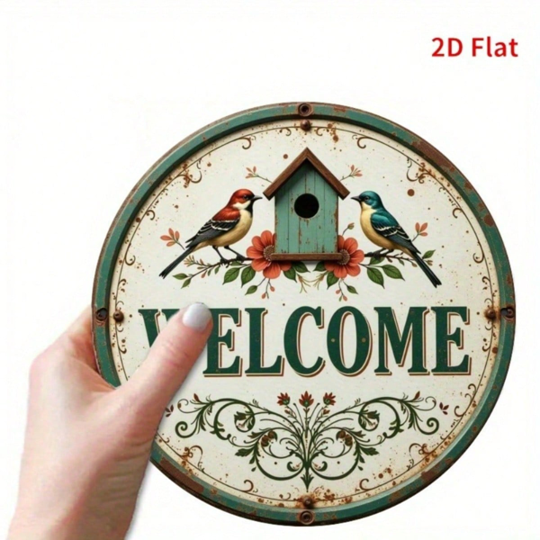 CIFbuy 复古 | 圆形铁质标牌 2D 平面印刷鸟屋 欢迎花饰 复古金属墙面装饰，趣味乡村风格悬挂式壁饰 （TikTok, temu 自提物流）-4